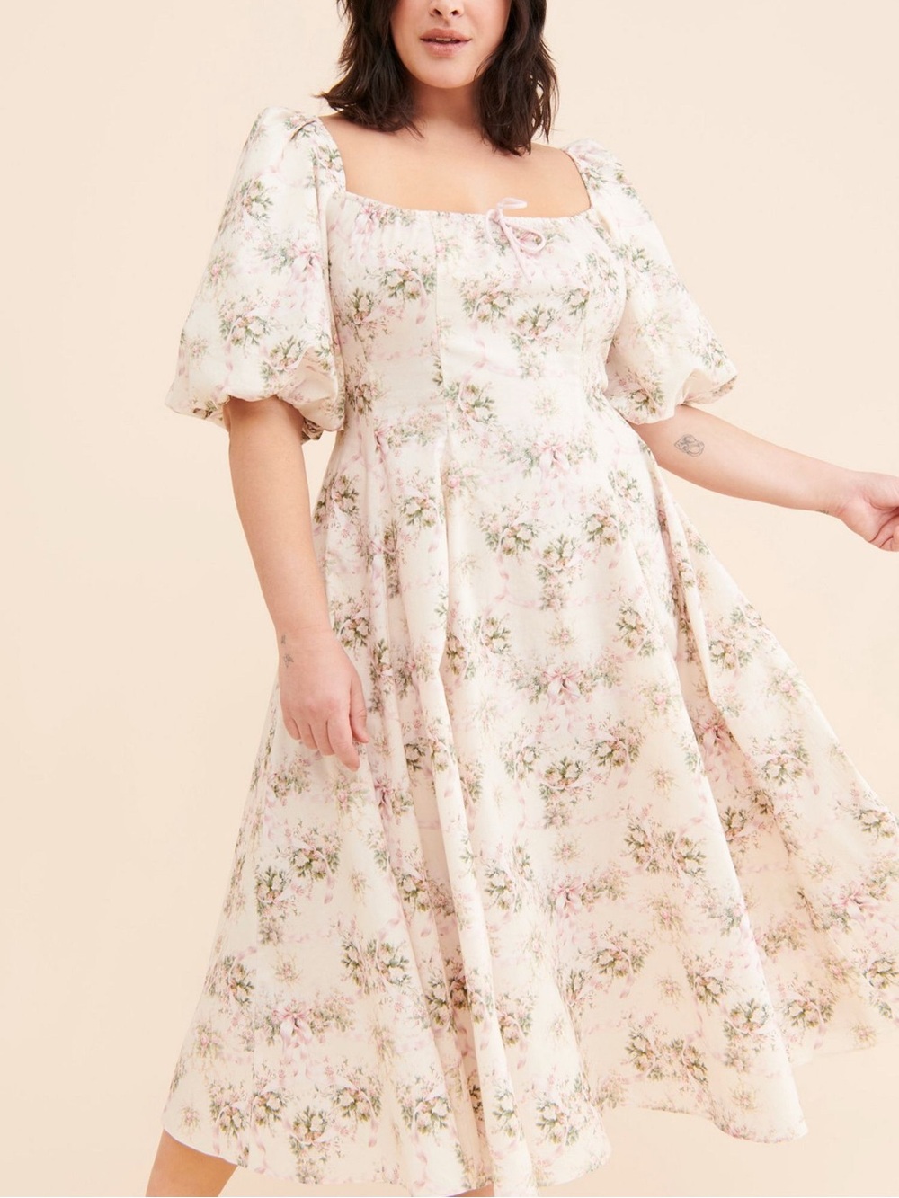 Selkie Cotton Day Dress in a white/cream/pink bow & floral print